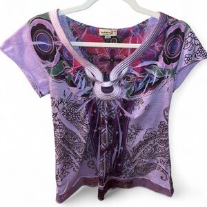ONE WORLD Purple Multicolor Graphic Short Sleeve Top